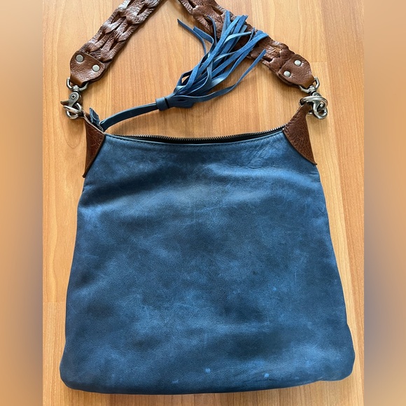 Laggo Blue Leather Crossbody Bag Whipstitch Pocket Boho Hobo Shoulder - Picture 4 of 16